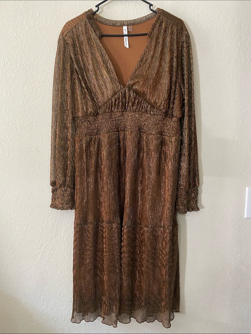 NY Collection Shimmery Bronze V-Neck Long Sleeve Midi Dress - Picture 2 of 12